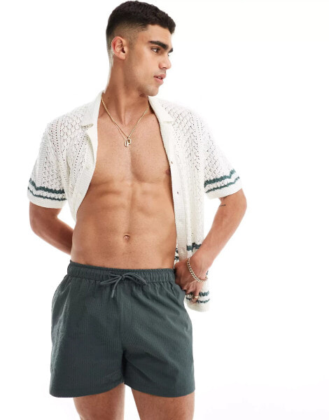 River Island seersucker swim trunks in khaki