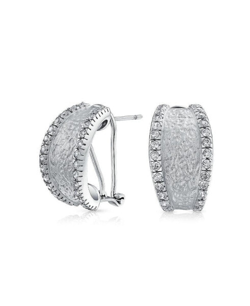 Fashion Matte Hammered Shrimp Half Hoop Earrings For Women Cubic Zirconia Pave Edge CZ Accent Stabilizing Omega Clip