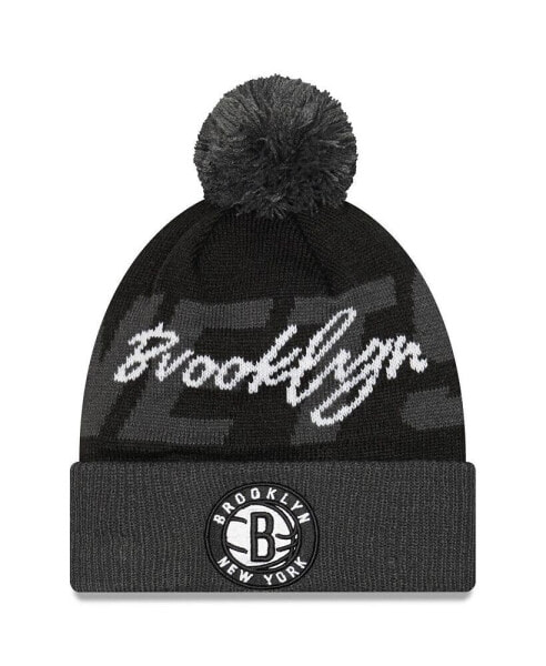 Men's Black, Gray Brooklyn Nets Confident Cuffed Knit Hat with Pom