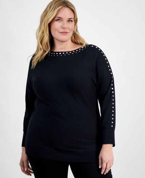 Plus Size Stud-Trim Tunic Sweater, Created for Macy's