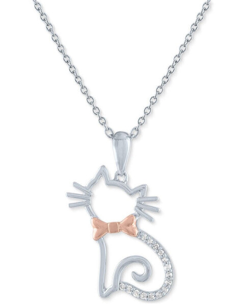 Diamond Accent Cat with Bowtie Pendant Necklace in Sterling Silver & 14k Rose Gold-Plate, 16" + 2" extender