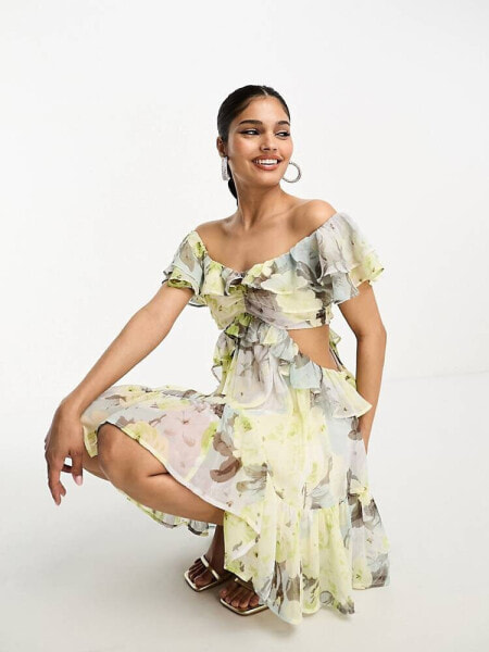 ASOS DESIGN ruffle cut out off the shoulder mini dress with hi low hem in green floral print