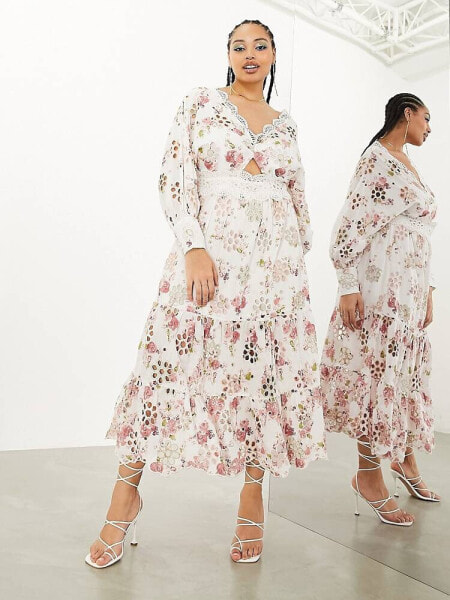 ASOS EDITION Curve broderie twist front midi dress with puff sleeve in floral print