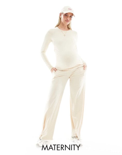 Mamalicious Maternity under the bump wide leg jersey trouser co-ord in beige melange