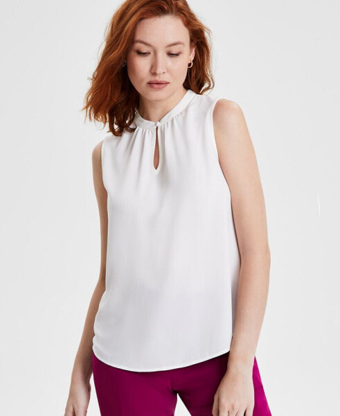 Petite Solid Jewel-Neck Sleeveless Keyhole Top