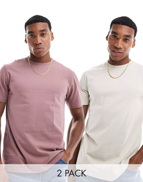 ASOS DESIGN 2 pack crew neck t-shirts in stone and pink