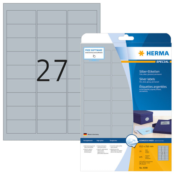 HERMA Labels A4 63.5x29.6 mm silver film glossy 675 pcs. - Silver - Self-adhesive printer label - A4 - Polyester - Laser - Permanent