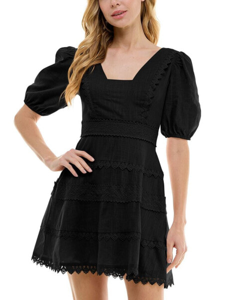 Juniors' Fit & Flare Puff-Sleeve Eyelet Dress