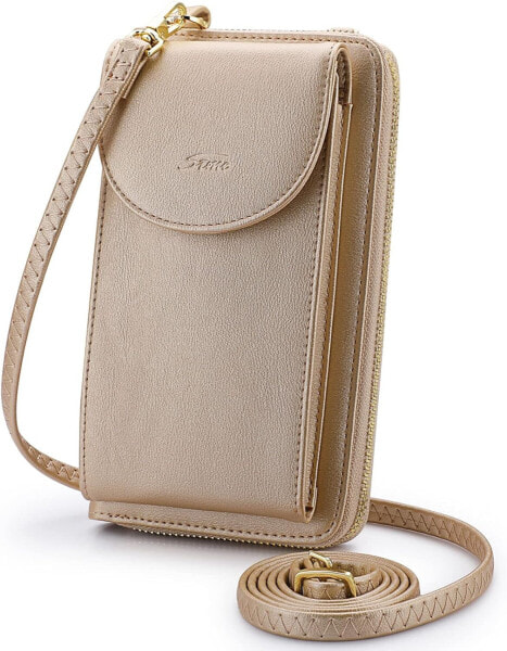 S-Zone Women’s Mobile Phone Shoulder Bag made from PU Leather - RFID-Blocking Mobile Phone Bag with Card Slots and Adjustable Removable Shoulder Strap - Fits Mobile Phones Under 6.5 Inches/16.5 cm, beige