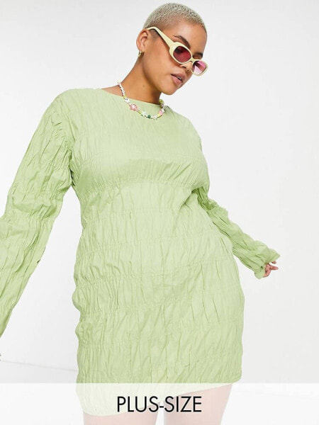 Daisy Street Plus long sleeve shirred mini dress in lime