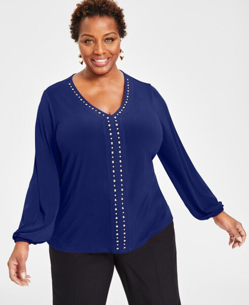 Plus Size Studded V-Neck Blouson-Sleeve Top, Created for Macy's