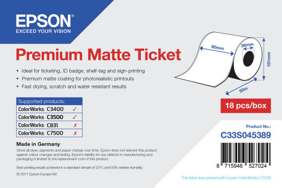 Epson Premium Matte Ticket - Roll: 80mm x 50m - Matte - 107 g/m² - 1 pc(s) - 107 mm - 108 mm - 89 mm