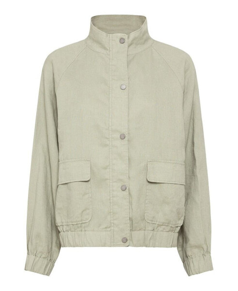 Women's 100% Linen High Collar Zip Front Jacket