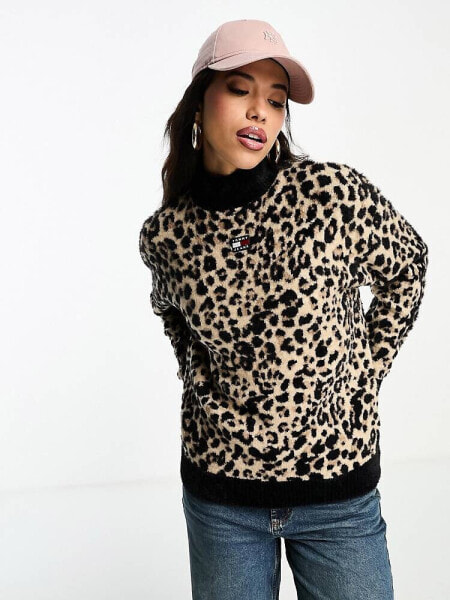 Tommy Jeans logo turtleneck sweater in leopard print