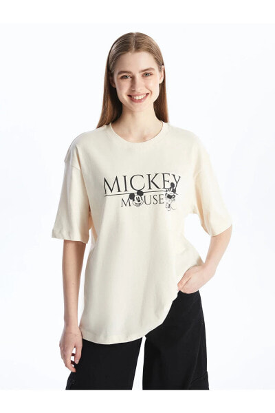 Bisiklet Yaka Mickey Mouse Baskılı Kısa Kollu Oversize Kadın Tişört