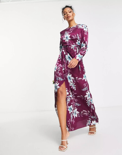 Liquorish satin modest maxi dress in wine placement floral