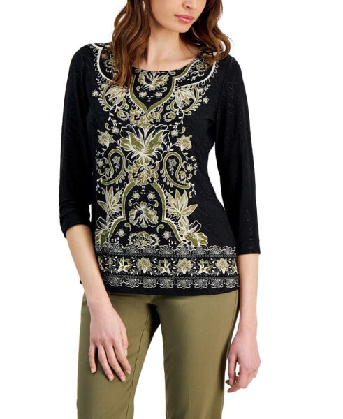 Petite Blooming Border Jacquard 3/4-Sleeve Top, Created for Macy's