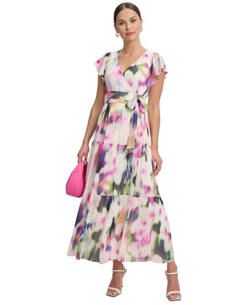 Women's Chiffon Flutter-Sleeve Tie-Waist Dress