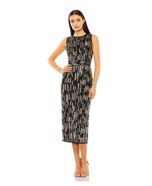 Women's Abstract Beaded Sleeveless Midi Dress