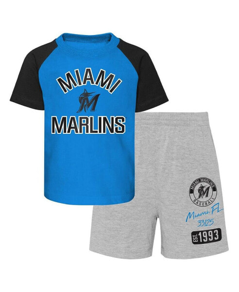 Infant Boys and Girls Blue, Heather Gray Miami Marlins Ground Out Baller Raglan T-shirt and Shorts Set