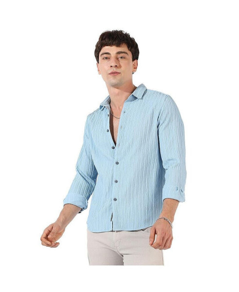 Men's Light Blue Textured Regular Fit Casual Shirt