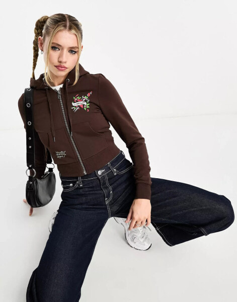 Ed Hardy chocolate crop zip through hoodie co-ord