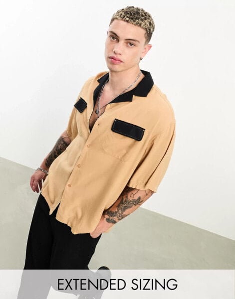 ASOS DESIGN oversized boxy revere with contrast collar and pocket flaps in tan