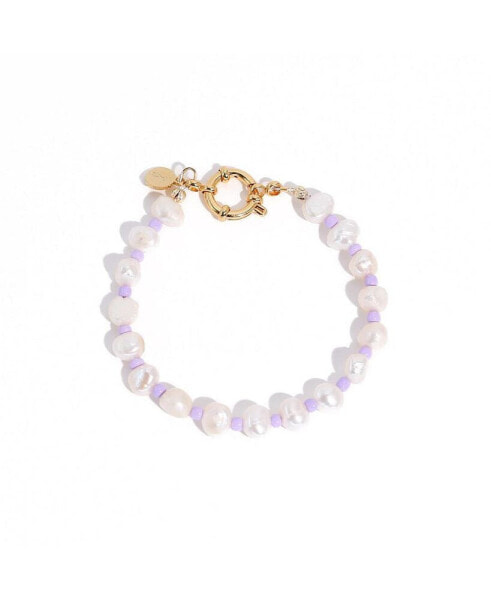 18K Gold Plated Freshwater Pearls with Purple Glass Beads - Taro Bracelet 9" For Women