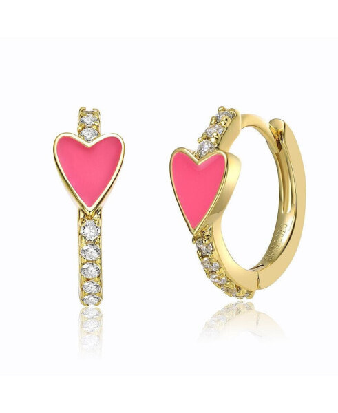 14k Yellow Gold Plated with Cubic Zirconia Pink Enamel Slim Hoop Earrings for Kids