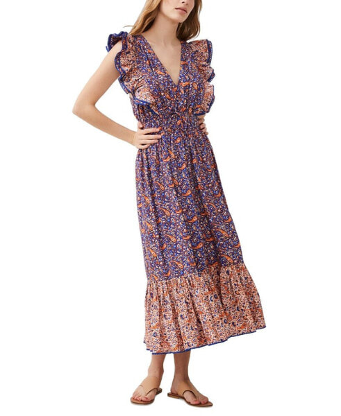 Women's Printed Ruffled Sleeveless Midi Dress