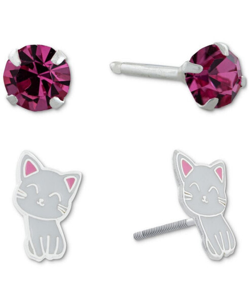 2-Pc. Set Crystal Solitaire & Enamel Kitten Stud Earrings in Sterling Silver, Created for Macy's