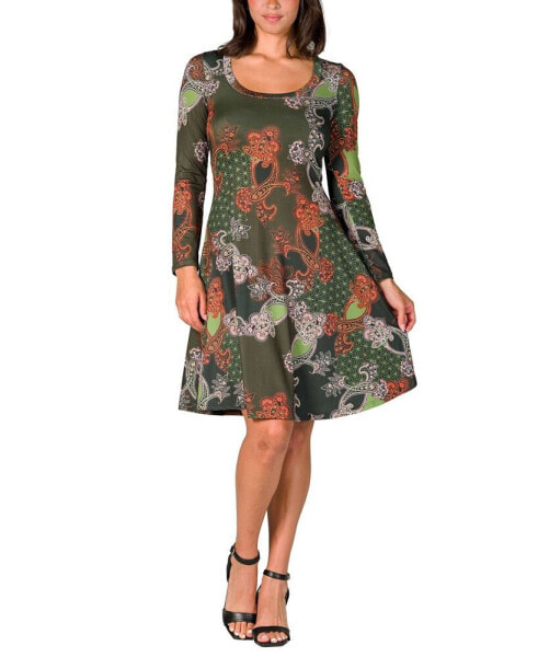 Women's Green Paisley Print Long Sleeve Knee Length Dress