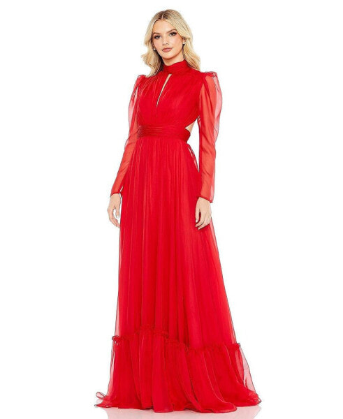 Women's Chiffon High Neck Keyhole Puff Sleeve Lace Up Gown