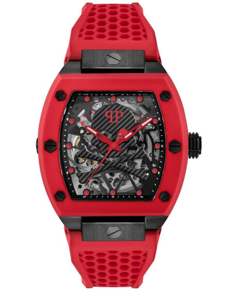 Men's Automatic The Skeleton Red Silicone Strap Watch 44mm