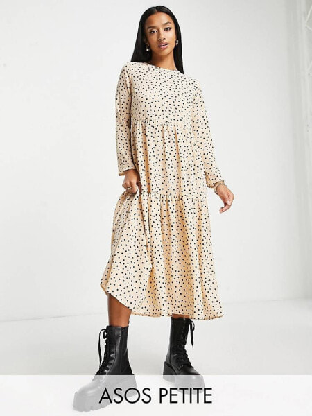 ASOS DESIGN Petite long sleeve tiered smock midi dress in beige spot print