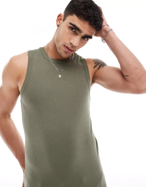 ASOS DESIGN muscle rib vest with crew neck in khaki