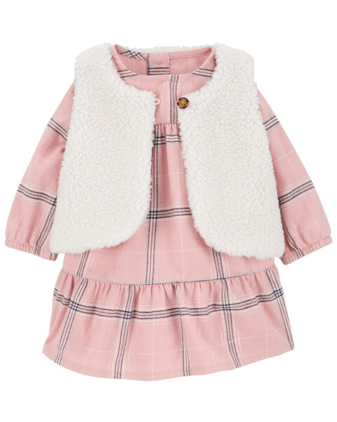 Baby 2-Piece Plaid Dress & Sherpa Vest Set 9M