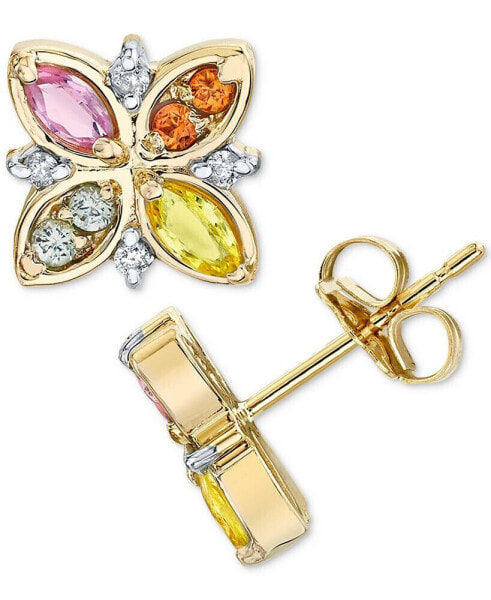 Multi-Sapphire (3/4 ct. t.w.) & Diamond (1/20 ct. t.w.) Flower Stud Earrings in 14k Gold