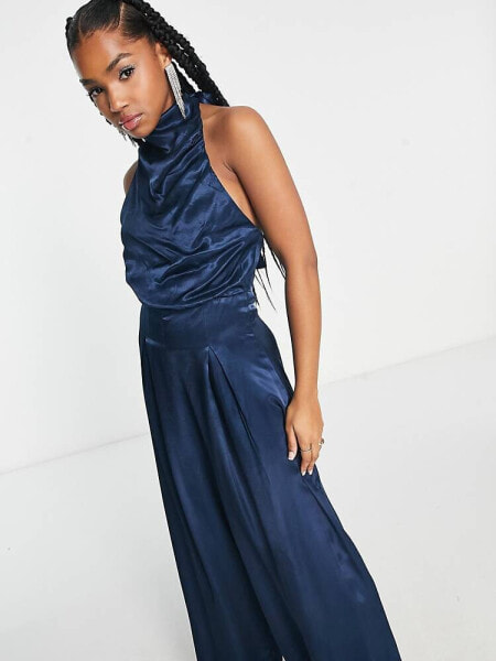 Nobody's Child Annie satin backless jumpsuit in navy