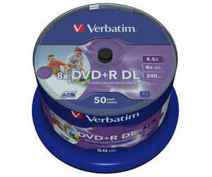 Диск для записи Verbatim DVD+R Double Layer Wide Inkjet Printable 8x, 120 мм, Printable, Spindle, 50 шт, 8.5 ГБ