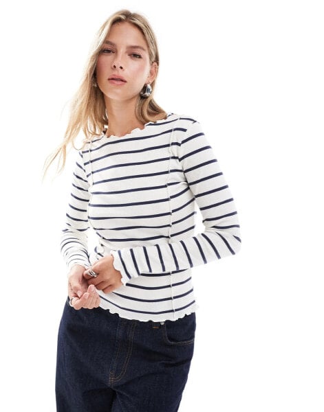 Brave Soul long sleeve lettuce hem top in cream and navy stripe