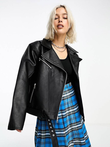 COLLUSION ultimate oversized faux leather oversized biker jacket in black