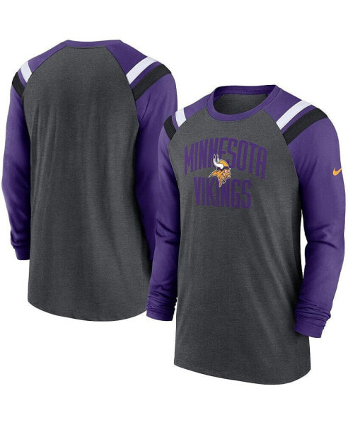 Men's Heathered Charcoal, Purple Minnesota Vikings Tri-Blend Raglan Athletic Long Sleeve Fashion T-shirt