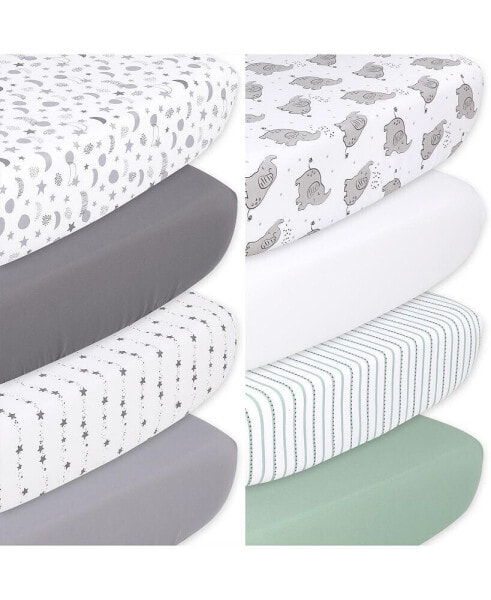 Celestial Stars and Elephant Fitted Crib Sheets, Unisex 8-Pack Set, Grey, Green
