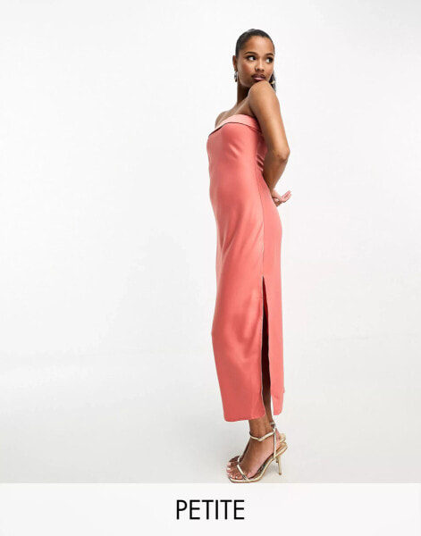 In The Style Petite exclusive satin bandeau midi slip dress in coral