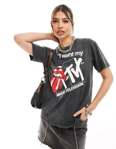 Stradivarius mtv graphic t-shirt in grey