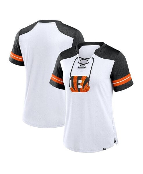 Women's White/Black Cincinnati Bengals Foiled Primary Lace-Up T-Shirt