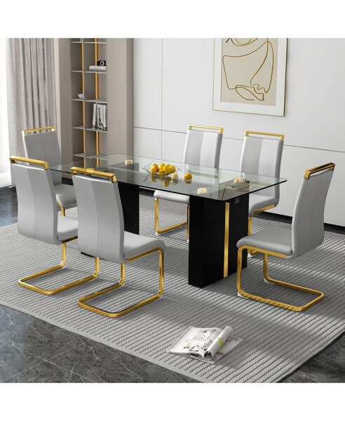 Table and chair set, large modern minimalist rectangular glass table, can accommodate 6-8 people, equipped with tempered glass tabletop and large MDF table legs, comfortable and minimalist chairs.