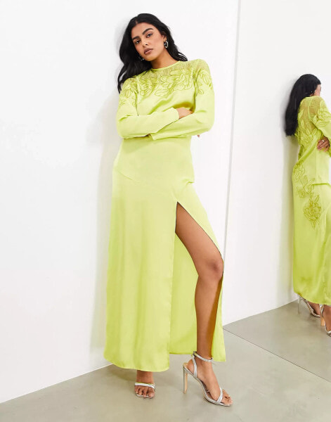 ASOS EDITION embroidered lace panelled long sleeve column maxi dress in lime