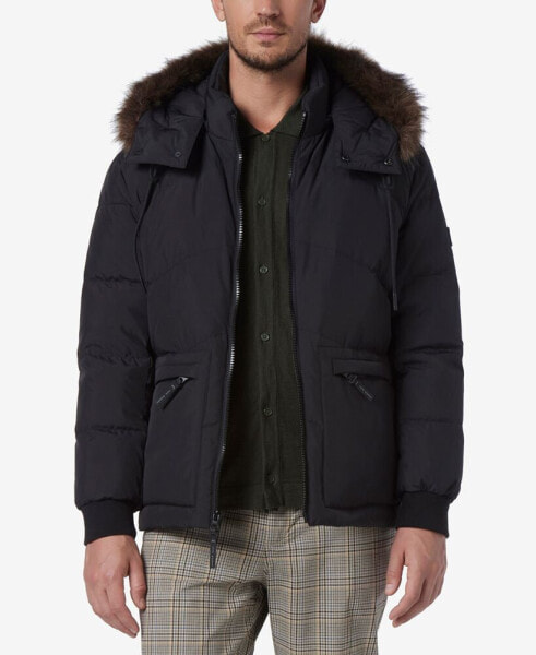 Men's Down Bomber with Faux Fur Trim and Removable Hood